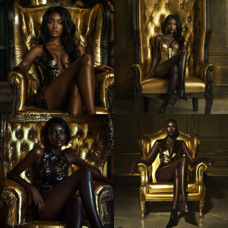 黑人超模美女，金色皮革椅，大长腿，时尚穿搭，金属装饰，冷酷表情，肌肉线条，中央构图，高光阴影对比，室内，长焦镜头，顶光，静态，威严，冷色调。