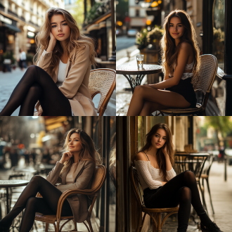 法国美女坐在椅子上，大长腿，法式穿搭，优雅姿态，巴黎街头，柔和光线，长焦镜头，浅景深，时尚元素，浪漫氛围，自信微笑。