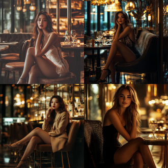 女明星餐厅，大长腿，御姐风，高跟鞋，精致妆容，时尚风格，高档餐厅，优雅布局，柔和灯光，长焦镜头，浅景深，侧光，自信微笑，奢华装饰，暖色调，魅力四射。