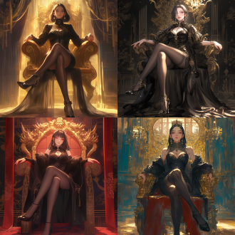 亚洲女神坐宝座表情威严大长腿高贵，黑丝高跟鞋，中心构图宫殿场景，长焦镜头暖光，华丽服饰端庄坐姿，深色调威严。