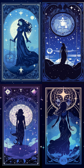 create a tarot card design featuring the silhouette of an anime character, set against a mesmerizing starry sky. surround the character with multiple constellations that form mystical symbols and runes, elegantly encircling their head. the background should be filled with floating geometric shapes in rich shades of blue and purple, enhancing the otherworldly atmosphere. at the center, place a large white pentagram adorned with intricate designs, symbolizing magic and mystery. above or below these elements, include the text "magic secret starry sky" in bold, eye-catching letters. the overall composition should evoke a sense of enchantment and wonder, reminiscent of fantasy art styles.