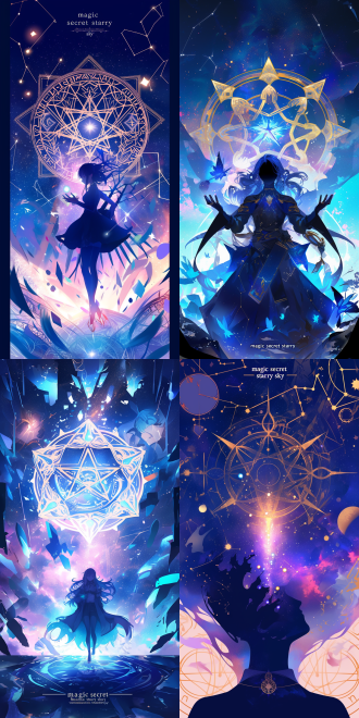 create a tarot card design featuring the silhouette of an anime character, set against a mesmerizing starry sky. surround the character with multiple constellations that form mystical symbols and runes, elegantly encircling their head. the background should be filled with floating geometric shapes in rich shades of blue and purple, enhancing the otherworldly atmosphere. at the center, place a large white pentagram adorned with intricate designs, symbolizing magic and mystery. above or below these elements, include the text "magic secret starry sky" in bold, eye-catching letters. the overall composition should evoke a sense of enchantment and wonder, reminiscent of fantasy art styles.