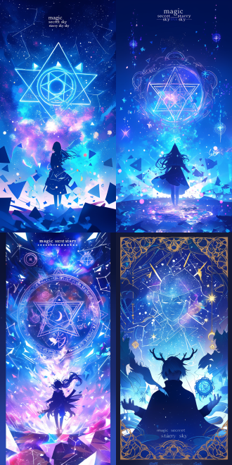 create a tarot card design featuring the silhouette of an anime character, set against a mesmerizing starry sky. surround the character with multiple constellations that form mystical symbols and runes, elegantly encircling their head. the background should be filled with floating geometric shapes in rich shades of blue and purple, enhancing the otherworldly atmosphere. at the center, place a large white pentagram adorned with intricate designs, symbolizing magic and mystery. above or below these elements, include the text "magic secret starry sky" in bold, eye-catching letters. the overall composition should evoke a sense of enchantment and wonder, reminiscent of fantasy art styles.