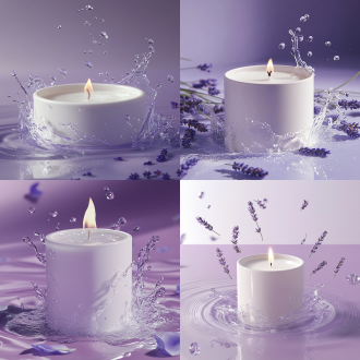白色香薰蜡烛产品包装，动态摄影，水面溅起水花，产品周围环绕薰衣草花瓣，紫色背景，干净的背景，细节精细，光影结构分明，高速快门，暖色调，自然光，产品突出，清新感。