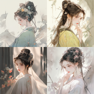古风汉服，典雅构图，宽大袖子，端正面容，传统发饰，静态姿势，优雅动作，明暗对比，细腻纹理，古色古香，中焦镜头，柔和光线，静谧氛围。