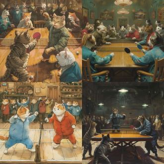 体育馆内，在乒乓桌子两侧，各有一只正在打乒乓球的猫人，气氛紧张，观众也都是猫，在卖力加油。