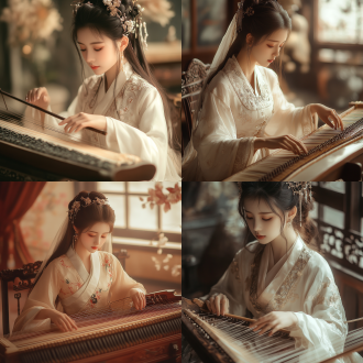 汉服女孩弹古筝，五官精致，手指纤细，室内古典装饰，柔和光线，长焦镜头，低角度拍摄，静谧氛围，淡雅色彩，专注表情。