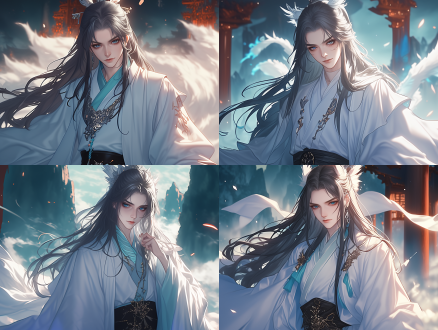 男人25岁，黑色墨发，墨色瞳孔，白色仙门长衫，警告表情，灵仙山广场背景，正面全景视觉，薄雾弥漫，4k分辨率，广角镜头，侧光，细节丰富，动态模糊，紧张氛围。