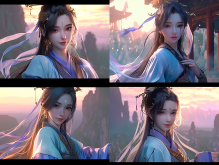 女人16岁，美丽仙气，黑色长发，棕色瞳孔，浅蓝色衣袍，微笑，灵仙山背景，全景，旭日东升，cg插画，光影，景深，4k，广角镜头，侧光，细节丰富，动态模糊，紧张氛围。