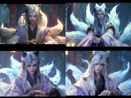 九尾狐妖男，九条狐狸尾巴展开，银白长发，蓝眸，狐狸耳，白色妖袍，警惕表情，幽暗山洞，烛光映照，cg插画风格，光影效果，景深，4k分辨率，广角镜头，注视动作，警惕，严肃、高冷、神秘，暗色调，侧光，细节丰富，动态模糊，紧张氛围。