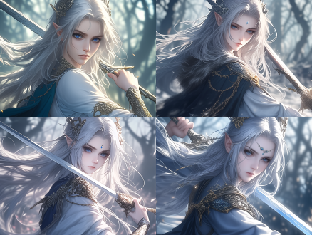 少女挥剑，银白长发，银灰蛇瞳，严肃表情，银色裙袍，魔兽森林，cg插画，光影效果，远景，4k分辨率，长焦镜头，细节丰富，动态模糊，紧张氛围，眼神深邃。 奇幻森林 半身