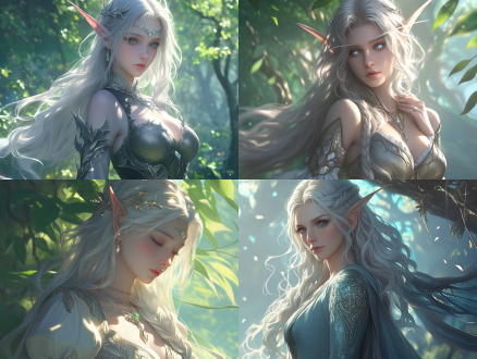 少女14岁，银白色长发，银灰色蛇瞳，银色裙袍，魔兽森林，cg插画，光影效果，远景，4k分辨率，长焦镜头，细节丰富，神秘感，森林绿，银色光泽，凝视远方。