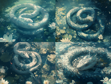 小白蛇晶莹剔透银灰蛇瞳，森林契约阵法台，cg插画，光影效果，远景，4k分辨率，俯视镜头，细节丰富，神秘感，剔透质感，银灰色调，森林环境，阵法台元素，光影交错，远景构图，高分辨率，长焦细节，神秘氛围。