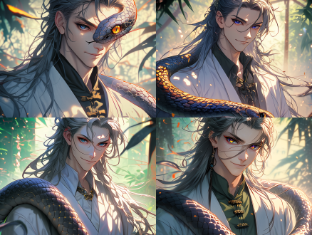 小蛇晶莹剔透银灰蛇瞳，cg插画，光影效果，远景，4k分辨率，中景镜头，细节丰富，神秘感，森林环境，神秘感，远景构图，高分辨率，细节丰富，俯视视角，cg插画风格，二次元，光影效果，神秘氛围。