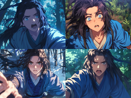 男性少主，黑色长发，黑色眼睛，蓝色长袍，召唤典页面前，惊讶表情，眼睛睁大，嘴巴微张，cg插画，光影效果，远景，4k分辨率，中景镜头，细节丰富，神秘感，森林环境，神秘感，远景构图，高分辨率，细节丰富，俯视视角，cg插画风格，二次元，光影效果，神秘氛围。