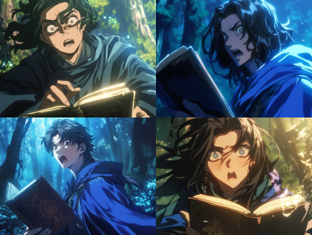 男性20岁，黑色长发，黑色眼睛，蓝色长袍，召唤典页面前，惊讶表情，眼睛睁大，嘴巴微张，cg插画，光影效果，远景，4k分辨率，中景镜头，细节丰富，神秘感，森林环境，神秘感，远景构图，高分辨率，细节丰富，俯视视角，cg插画风格，二次元，光影效果，神秘氛围。