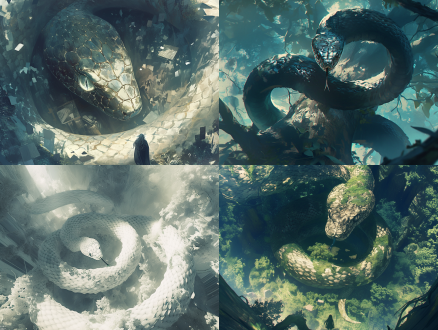 小蛇晶莹剔透，银灰色蛇瞳，神秘森林，cg插画，4k分辨率，中景镜头，细节丰富，神秘感，远景构图，俯视视角，二次元，光影效果，神秘氛围，银灰色，剔透质感，森林环境，神秘空间，灵力弥漫。