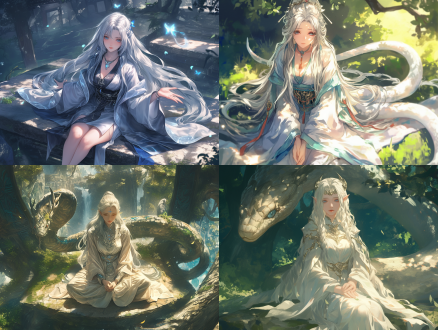 少女修行，蛇族美女，银白长发，银灰蛇瞳，银色裙袍，盘腿坐石，青翠树林，阳光洒落，仙气十足，cg插画，光影效果，远景，4k分辨率，大广角，俯视镜头，神秘，宁静。