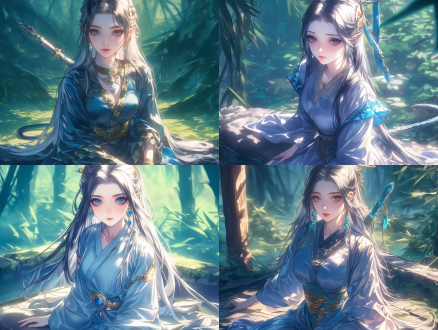 少女修行，蛇族美女，银白长发，银灰蛇瞳，银色裙袍，盘腿坐石，青翠树林，阳光洒落，仙气十足，cg插画，光影效果，远景，4k分辨率，大广角，俯视镜头，神秘，宁静。