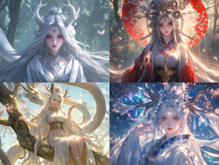 蛇妖族美女，银白色长发，银灰色蛇瞳，银色裙袍，桃花唇，超清自然光，柔和光线，对称构图，长焦镜头，森林背景，cg插画，二次元，中国风，国漫风格，4k分辨率，细节丰富，超高清画质，绝美容颜，全身，广角镜头，全景透视，面对镜头。