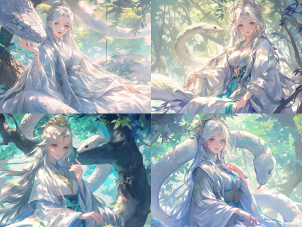 蛇族美女公主，国风漫画，汉服，银白色长发，银灰色蛇瞳，银色裙袍，部落森林里，光线明亮，色彩丰富，cg插画，二次元，中国风，动漫，高清，树荫下，柔和光线，丰富色彩，特写镜头，自然环境，微笑表情。