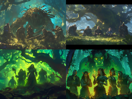 魔兽森林，五人藏草丛，吃惊表情，正面构图，cg插画，暗光效果，远景，4k分辨率，长焦镜头，细节丰富，神秘感，森林绿，奇幻森林，暗色调，紧张氛围，阴影，高细节，神秘生物，隐藏，探险，惊奇。