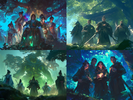 古风魔兽森林，五人藏草丛，吃惊表情，正面构图，中国风，二次元，cg插画，暗光效果，远景，4k分辨率，长焦镜头，细节丰富，神秘感，森林绿，暗色调，紧张氛围，阴影，高细节，神秘生物，隐藏，探险，惊奇。