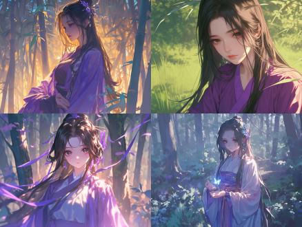 18岁女人，国风漫画，汉服，黑色长发，黑色眼睛，紫色裙袍，半身，远景，森林背景，光线暗，cg插画，二次元，中国风，动漫，高清，特写镜头，自然环境，细腻画风，柔和光线。