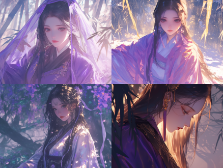 18岁女人，国风漫画，汉服，黑色长发，黑色眼睛，紫色裙袍，半身，远景，森林背景，光线暗，cg插画，二次元，中国风，动漫，高清，特写镜头，自然环境，细腻画风，柔和光线。