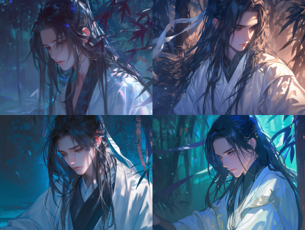 20岁男子，国风漫画，汉服，黑色长发，精致五官，白晰皮肤，白色裙袍，一脸病态，半身，远景，森林背景，光线暗，cg插画，二次元，中国风，动漫，高清，特写镜头，正视镜头，高对比度，暖色调，侧光，紧张，神秘。