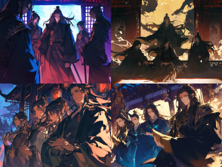 五名召唤师，国风漫画，汉服，黑色长发，黑色裙袍，手拿召唤典，宫殿背景，cg插画，二次元，中国风，动漫，高清，特写镜头，正视镜头，高对比度，侧光，紧张，神秘。