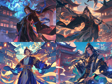 召唤师，国风漫画，汉服，黑色长发，黑色裙袍，召唤法式，宫殿背景，cg插画，二次元，中国风，动漫，高清，特写镜头，正视镜头，高对比度，侧光，紧张，神秘。