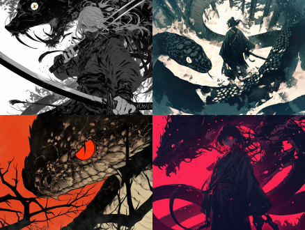 黑暗森林蛇眼，正面视角，国风漫画，二次元风格，中国风元素，动漫质感，高对比度，暗色调，广角镜头，侧光，神秘，紧张。