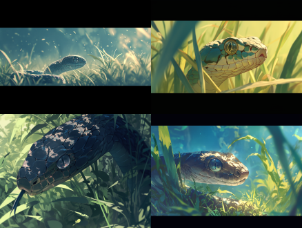 无色小蛇银灰瞳孔，紧盯草地，cg插画，光影效果，远景，4k分辨率，全景镜头，冷色调，神秘森林，远景构图，高分辨率，全景视角，光影交错，神秘感。