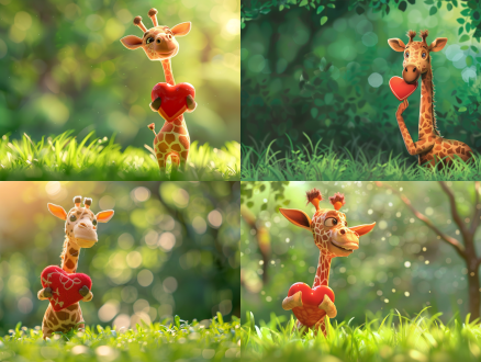 大长颈鹿叼爱心，微笑，绿色草地，翠绿背景，卡通风格，柔和光线，广角镜头，自然环境，温暖色调，快乐表情，友好氛围。