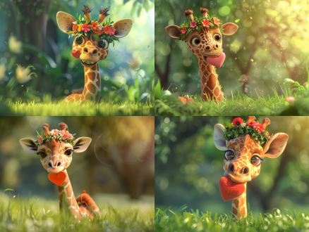 可爱的大长颈鹿，头上戴着花环，嘴里叼着爱心，微笑，绿色草地，翠绿色背景，卡通风格，柔和光线，广角镜头，自然环境，温暖色调，快乐表情，友好氛围。