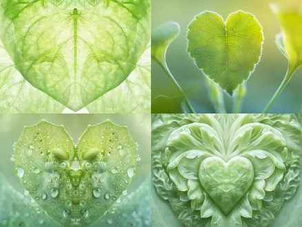 爱心背景，浅绿色，对称构图，柔和光线，自然环境，微距镜头，浅绿色调，温暖表情，微笑，宁静。