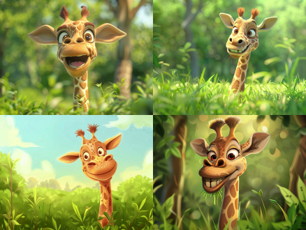 长颈鹿爱心微笑，绿色草地，翠绿背景，卡通风格，柔和光线，广角镜头，自然环境，温暖色调，快乐表情，友好氛围。