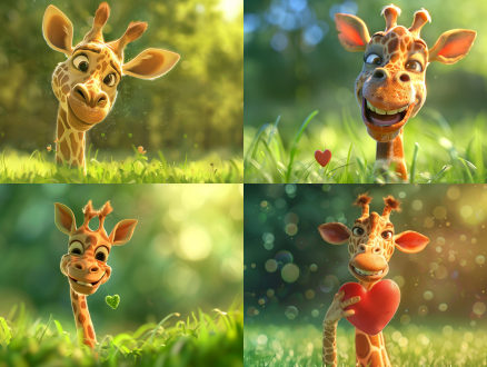 大长颈鹿，爱心，微笑，绿色草地，翠绿背景，卡通风格，柔和光线，广角镜头，自然环境，温暖色调，快乐表情，友好氛围。