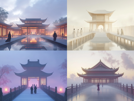 超写实中国风东方美学，底部桥屋人物着传统服饰平静行走，两侧屏风中央楼阁，云雾背景，大面积留白，柔和光线，浅色调，温馨。