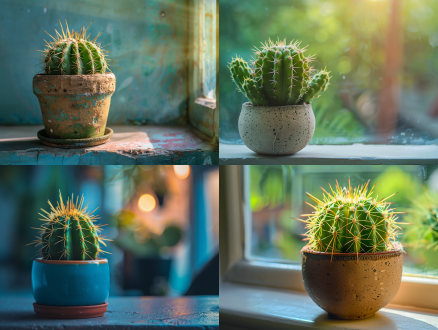 仙人掌盆栽，中心构图，简约风，室内窗台，微距镜头，顶光，高饱和度，绿色调，宁静，9:16尺寸。