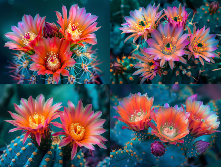 开满仙花的仙人掌，三分法构图，高饱和度，室内，特写镜头，顶光，静态，鲜艳色彩，生机感，9:16尺寸。