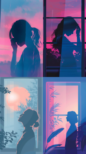 玻璃窗倒影中女性低头蜷缩的侧影，扁平插画风，居中构图，简约背景，粉蓝配色，矢量图形，柔和光线，宁静氛围。