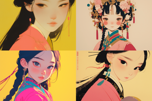 a gongbi painting of a 5 years old black long hair chinese qing dynasty girl wears pink hanfu, tangled jewelry, round face, extremely minimalism portrait, geometric shapes, matte light yellow background, in the style of crisp neo-pop illustrations, animated gifs, dolly kei, cartoon-like characters, close-up, head view, bold, cartoonish lithographs