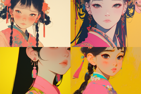 a gongbi painting of a 5 years old black long hair chinese qing dynasty girl wears pink hanfu, tangled jewelry, round face, extremely minimalism portrait, geometric shapes, matte light yellow background, in the style of crisp neo-pop illustrations, animated gifs, dolly kei, cartoon-like characters, close-up, head view, bold, cartoonish lithographs