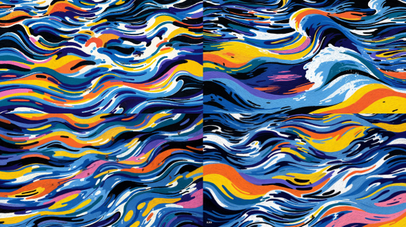 malika favre, swirly vibrant lines, giant waves, cover of new yorker magazine, korean artist, connectedness, featured on vimeo, illustratio, breathtaking digital art, offshore winds, paddle of water, inspired by waldo peirce, trending on artstaion, blue-fabric, trippy art, orange and blue