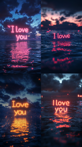 霓虹色发光字“i love you”漂浮在夜晚的海面上，云朵，霓虹灯照明，获奖图片，高度细节，超高分辨率，32k uhd，清晰聚焦，最佳品质，杰作