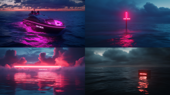 霓虹“vision datum”漂浮海面，夜晚、云朵，对角线构图，霓虹照明，冷色调，长焦镜头，侧逆光，清晰聚焦，32k uhd，杰作。