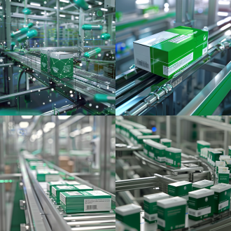 一条工业流水线上运输着绿白相间的药盒，药盒上有部分文字，工业风，精细渲染，真实质感，透视构图，正确构图，获奖作品，高清图像