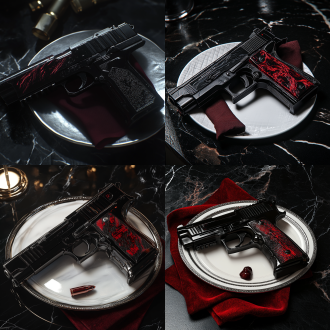 一把黑曜石般的沙漠之鹰(枪身整体如黑曜石般漆黑有光泽，枪身上还有有红色的划痕，散发微微红光并冒着丝丝红雾)放在银白色餐盘上，餐盘底下垫着暗红色餐布，以上全部放在黑色大理石桌面上，斑驳光影，神秘氛围，精细渲染，丰富细节，获奖作品，cg海报，电影质感，神秘，诡谲，